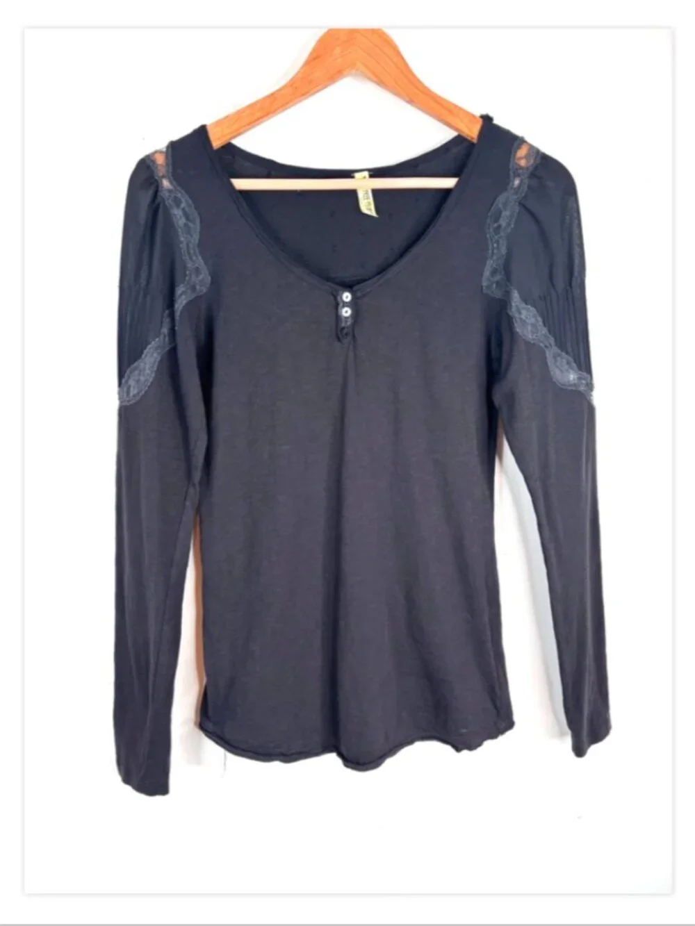 Free People Black Babydoll Henley S Lace Boho Y2K Whimsigoth Princess Sleeve